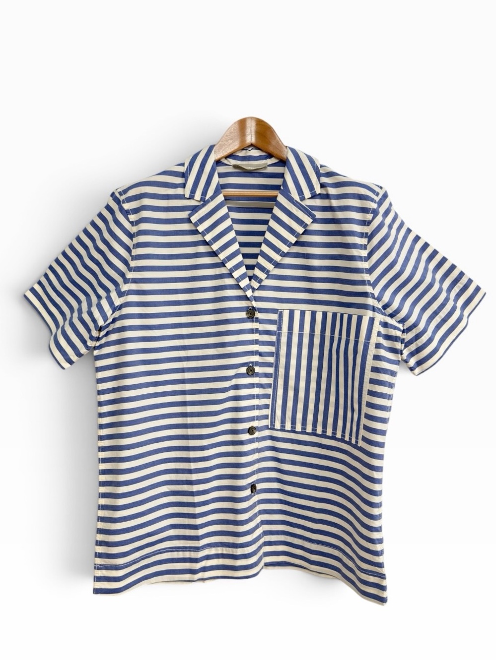 Everlane Womens M Poplin Camp Shirt Mazarine Blue Bone Striped Button Front Top